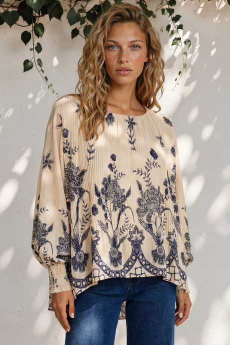 Model wearing Gelina Top in Gerry Print Beige from Salty Crush