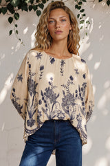 Model wearing Gelina Top in Gerry Print Beige from Salty Crush
