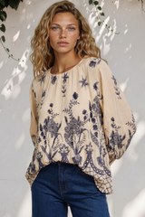 Model wearing Gelina Top in Gerry Print Beige from Salty Crush