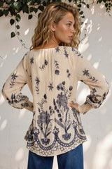 Model wearing Gelina Top in Gerry Print Beige from Salty Crush