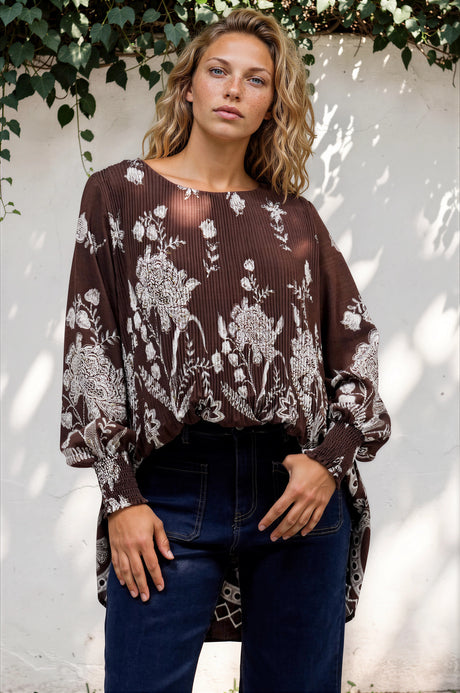 Model wearing Gelina Top in Gerry Print Chocolate from Salty Crush