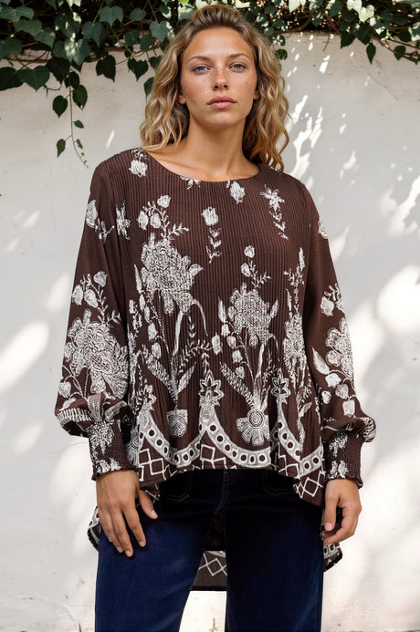 Model wearing Gelina Top in Gerry Print Chocolate from Salty Crush