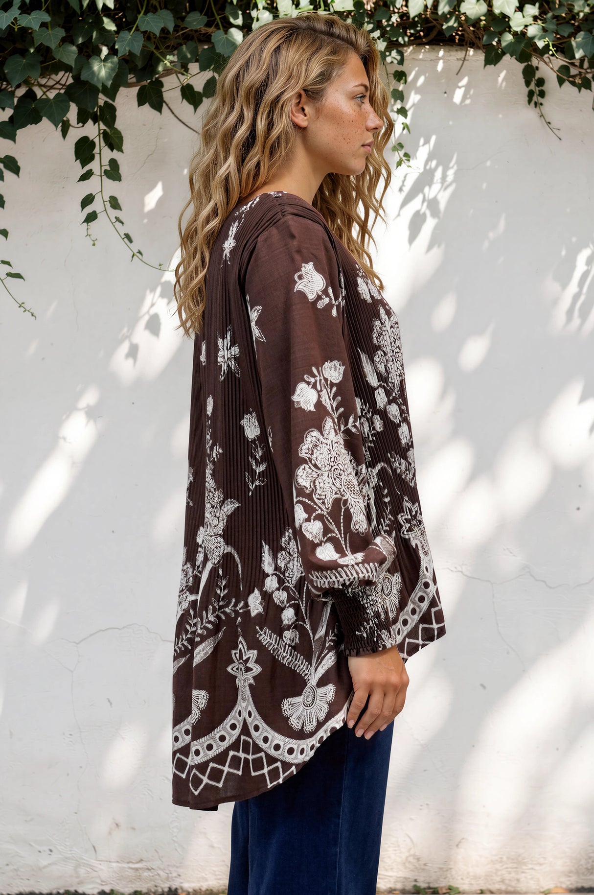 Model wearing Gelina Top in Gerry Print Chocolate from Salty Crush