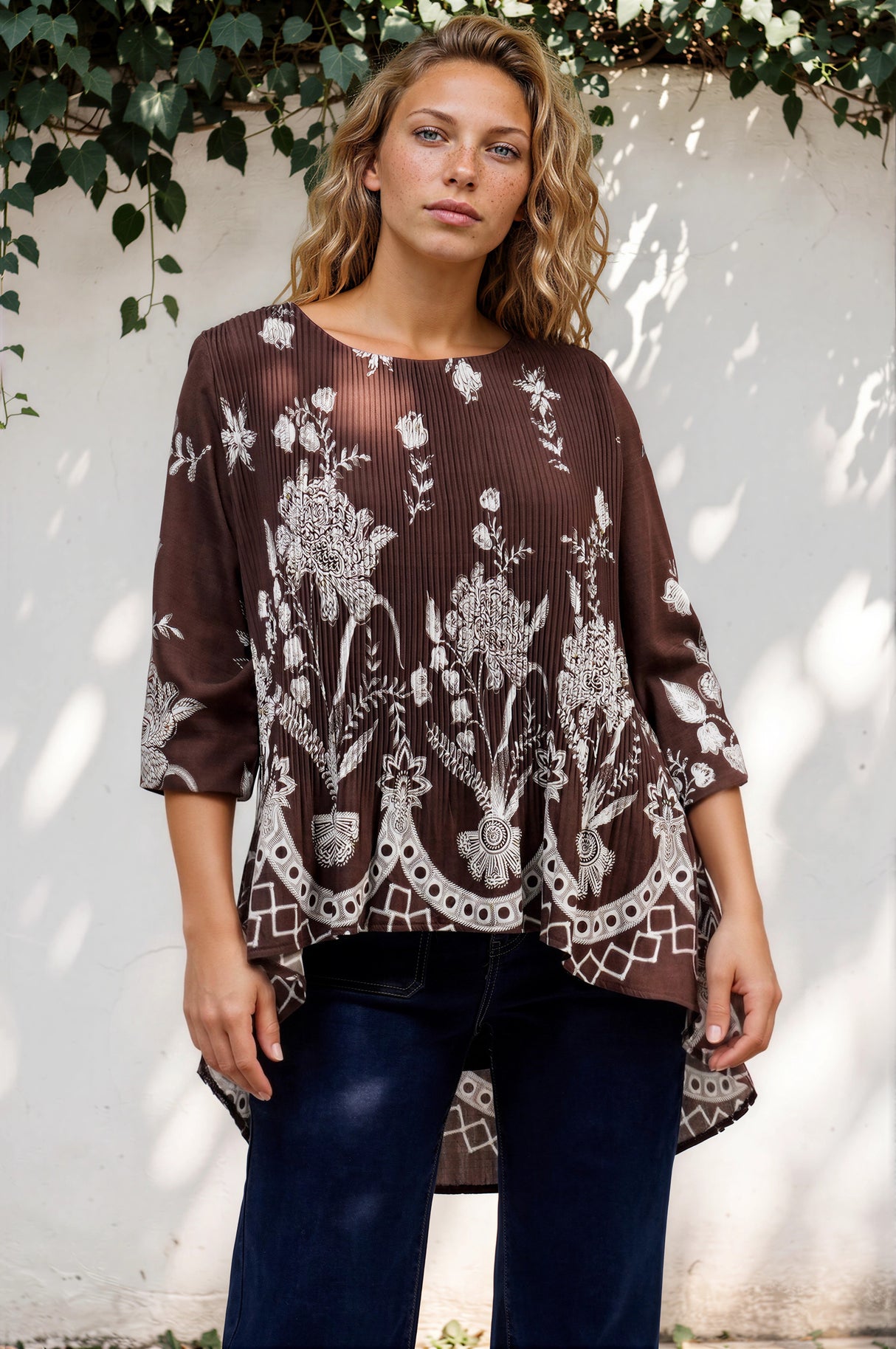 Model wearing Gelina Top in Gerry Print Chocolate from Salty Crush