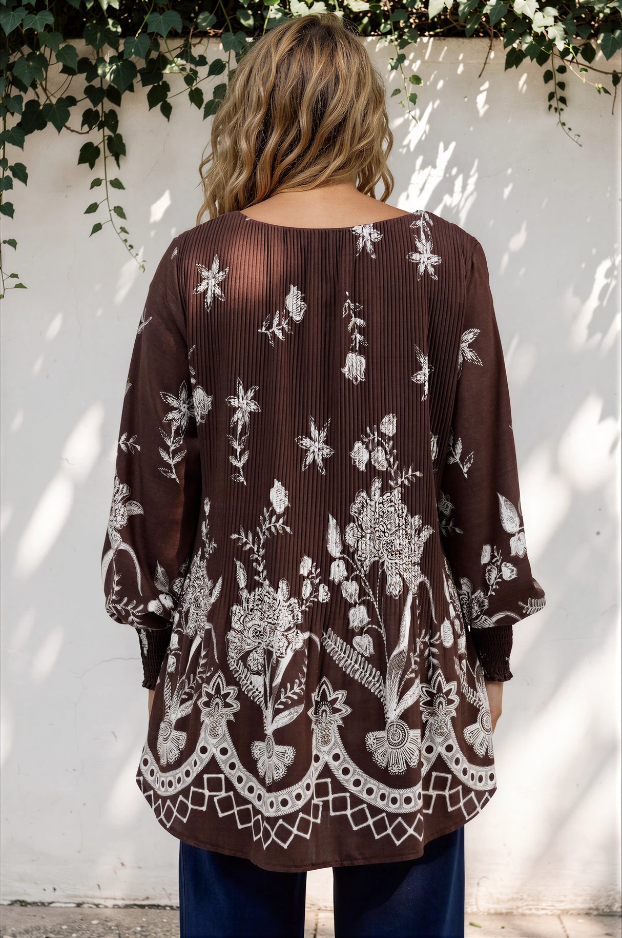Model wearing Gelina Top in Gerry Print Chocolate from Salty Crush