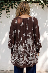 Model wearing Gelina Top in Gerry Print Chocolate from Salty Crush