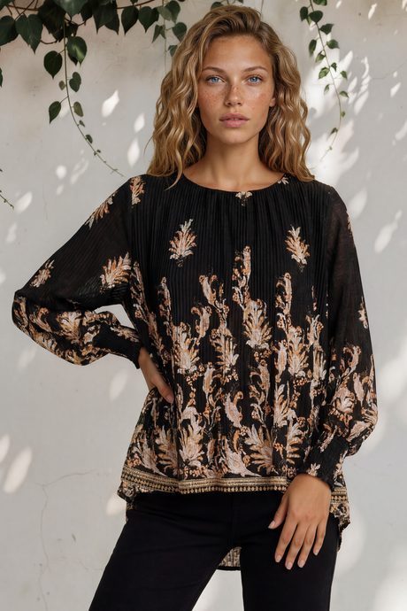 Model wearing Gelina Top in Lynsey Print Black from Salty Crush