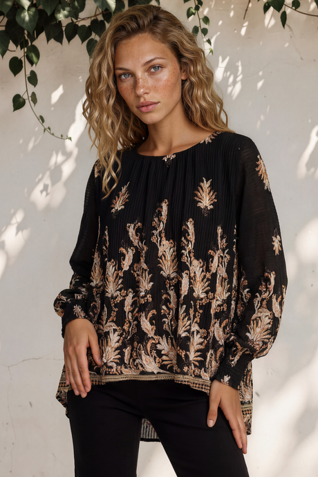 Model wearing Gelina Top in Lynsey Print Black from Salty Crush