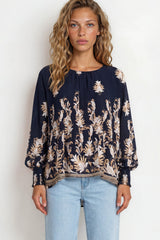 Model wearing Gelina Top in Lynsey Print Navy from Salty Crush