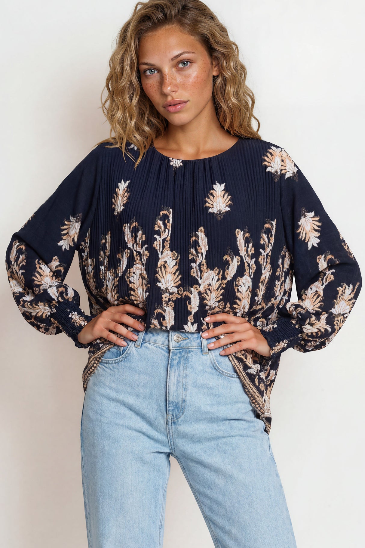 Model wearing Gelina Top in Lynsey Print Navy from Salty Crush