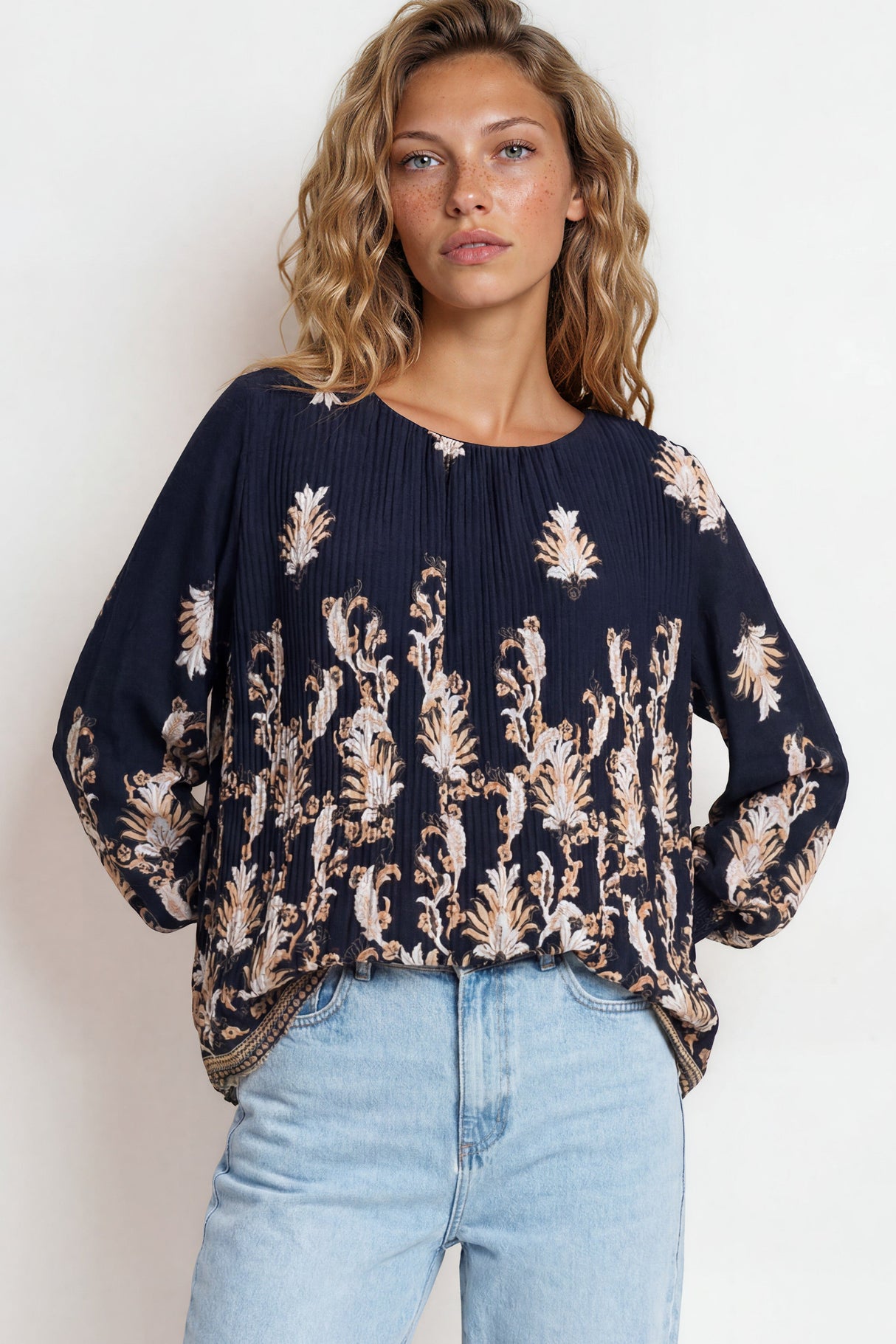 Model wearing Gelina Top in Lynsey Print Navy from Salty Crush