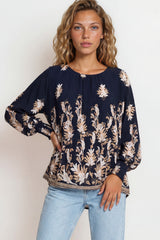 Model wearing Gelina Top in Lynsey Print Navy from Salty Crush