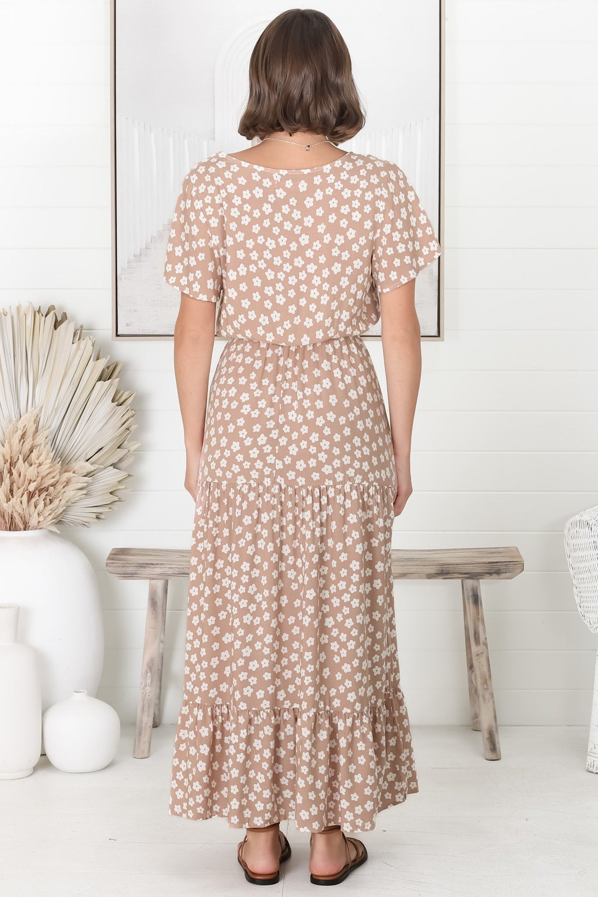 Gellina Maxi Dress - Pull In Waist A Line Dress with Cap Sleeves in Fawn