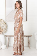 Gellina Maxi Dress - Pull In Waist A Line Dress with Cap Sleeves in Fawn