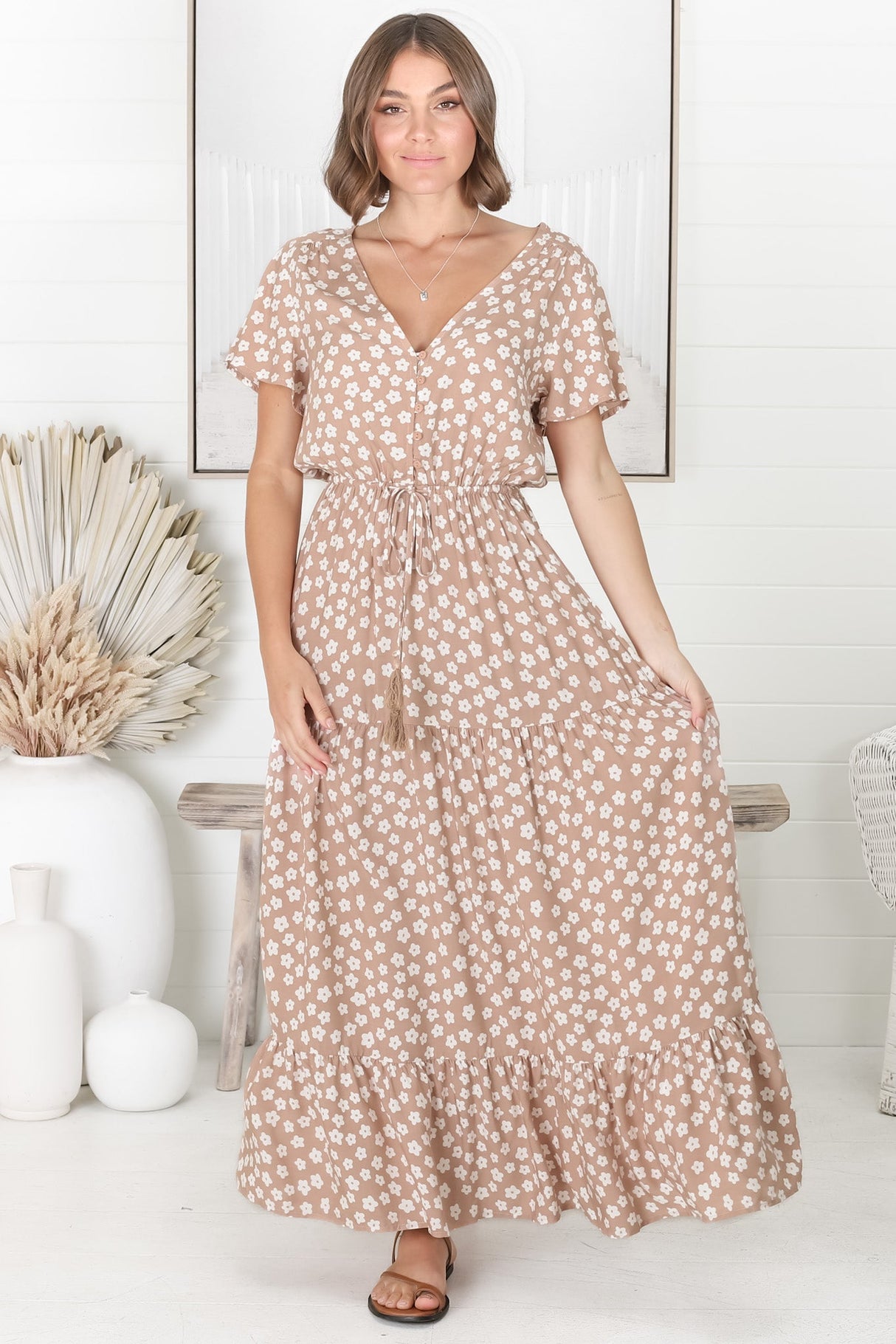 Gellina Maxi Dress - Pull In Waist A Line Dress with Cap Sleeves in Fawn