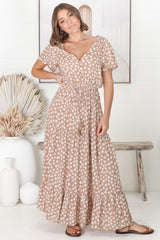 Gellina Maxi Dress - Pull In Waist A Line Dress with Cap Sleeves in Fawn