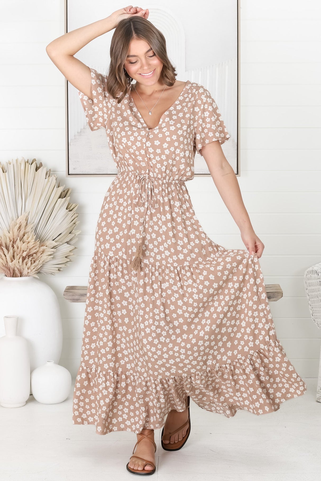 Gellina Maxi Dress - Pull In Waist A Line Dress with Cap Sleeves in Fawn