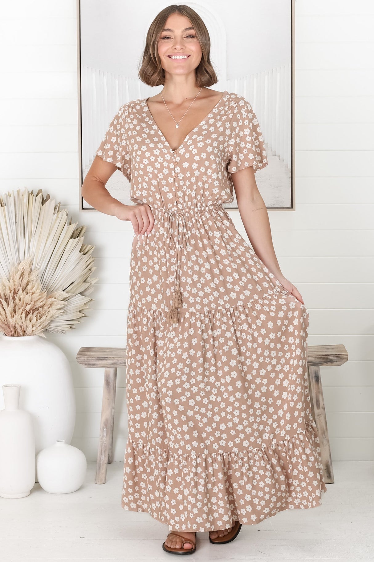 Gellina Maxi Dress - Pull In Waist A Line Dress with Cap Sleeves in Fawn