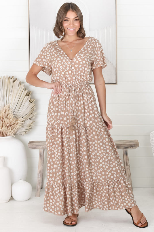 Gellina Maxi Dress - Pull In Waist A Line Dress with Cap Sleeves in Fawn