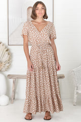 Gellina Maxi Dress - Pull In Waist A Line Dress with Cap Sleeves in Fawn