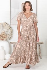 Gellina Maxi Dress - Pull In Waist A Line Dress with Cap Sleeves in Fawn