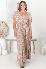 Gellina Maxi Dress - Pull In Waist A Line Dress with Cap Sleeves in Fawn