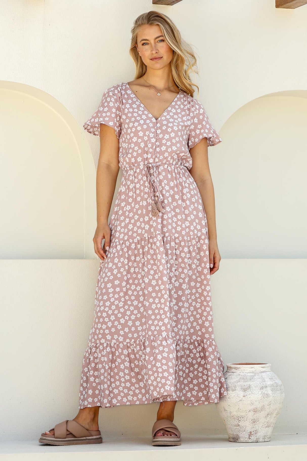 Gellina Maxi Dress - Pull In Waist A Line Dress with Cap Sleeves in Fawn