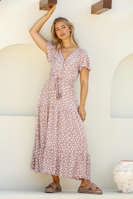 Gellina Maxi Dress - Pull In Waist A Line Dress with Cap Sleeves in Fawn