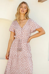 Gellina Maxi Dress - Pull In Waist A Line Dress with Cap Sleeves in Fawn