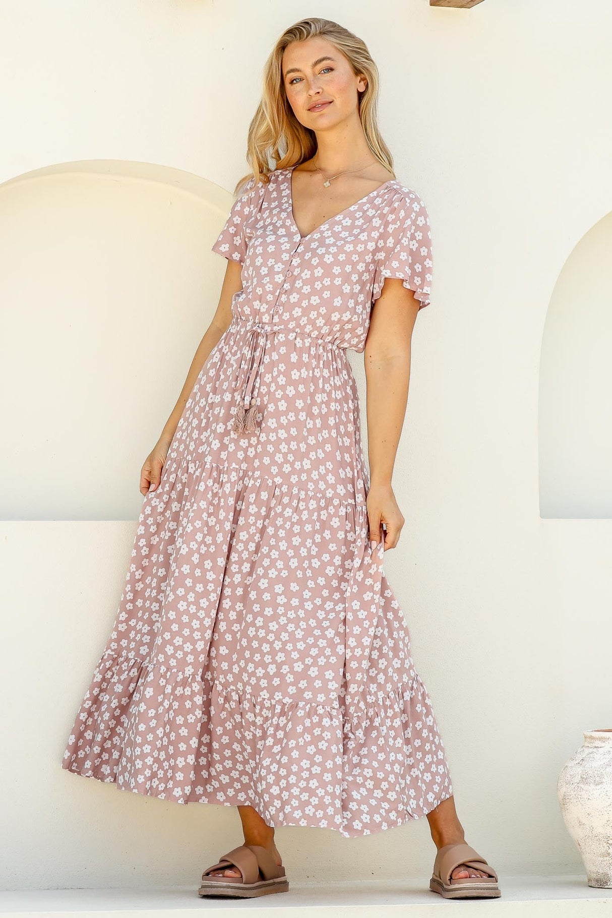 Gellina Maxi Dress - Pull In Waist A Line Dress with Cap Sleeves in Fawn