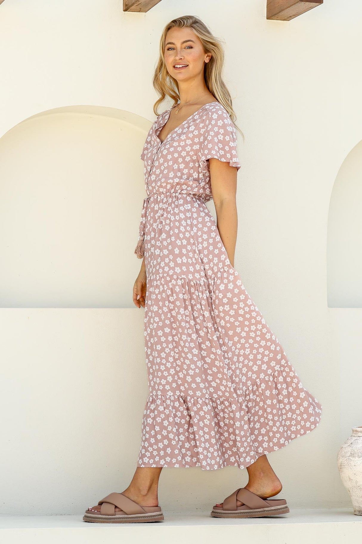 Gellina Maxi Dress - Pull In Waist A Line Dress with Cap Sleeves in Fawn