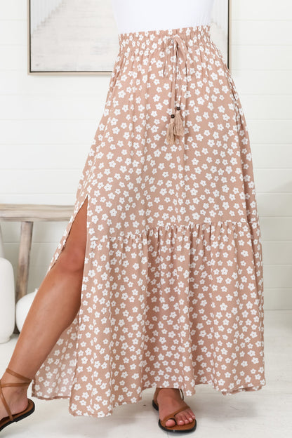 Gellina Maxi Skirt - High Waisted Skirt with Front Splits in Fawn