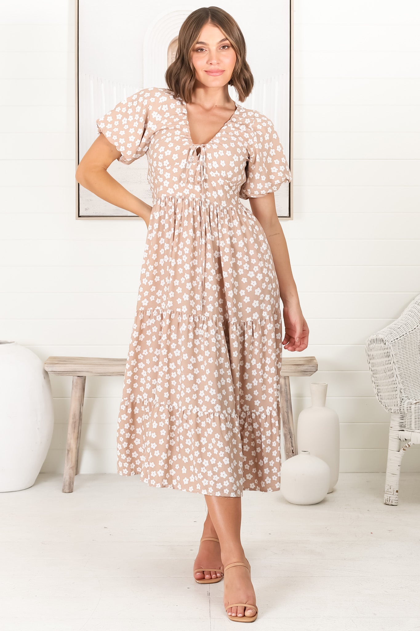 Gellina Midi Dress - Pull In V Neckline Dress with Cap Balloon Sleeves in Fawn