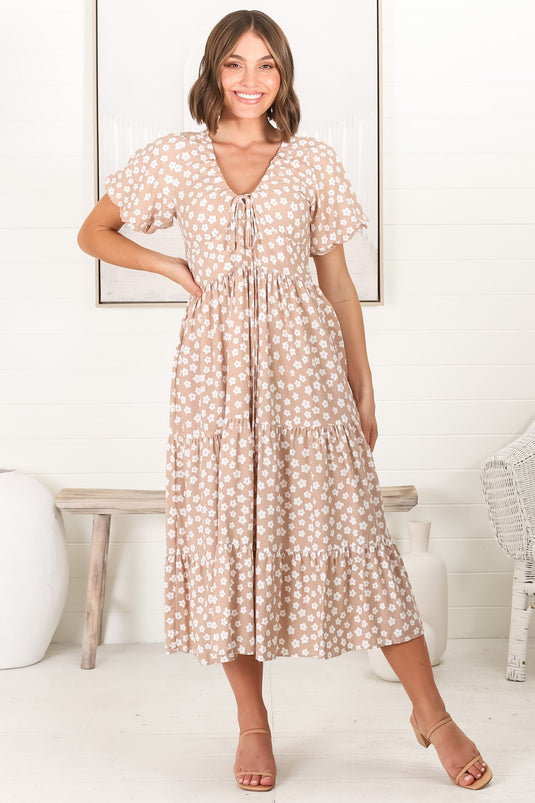 Gellina Midi Dress - Pull In V Neckline Dress with Cap Balloon Sleeves in Fawn