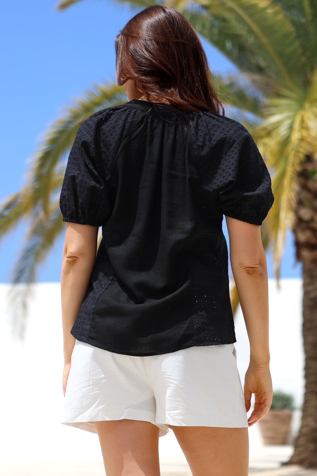 Geneva Top - Mandarin Neck Relaxed Top with Cut Out Detailing in Black