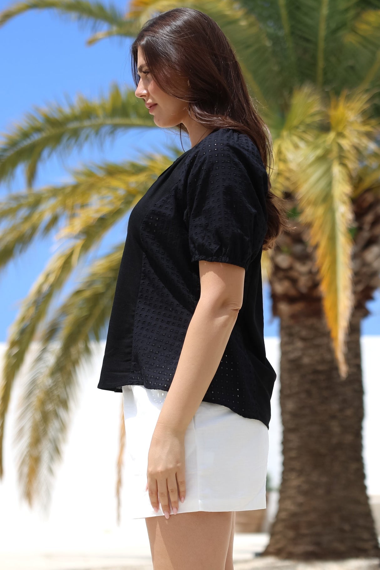Geneva Top - Mandarin Neck Relaxed Top with Cut Out Detailing in Black
