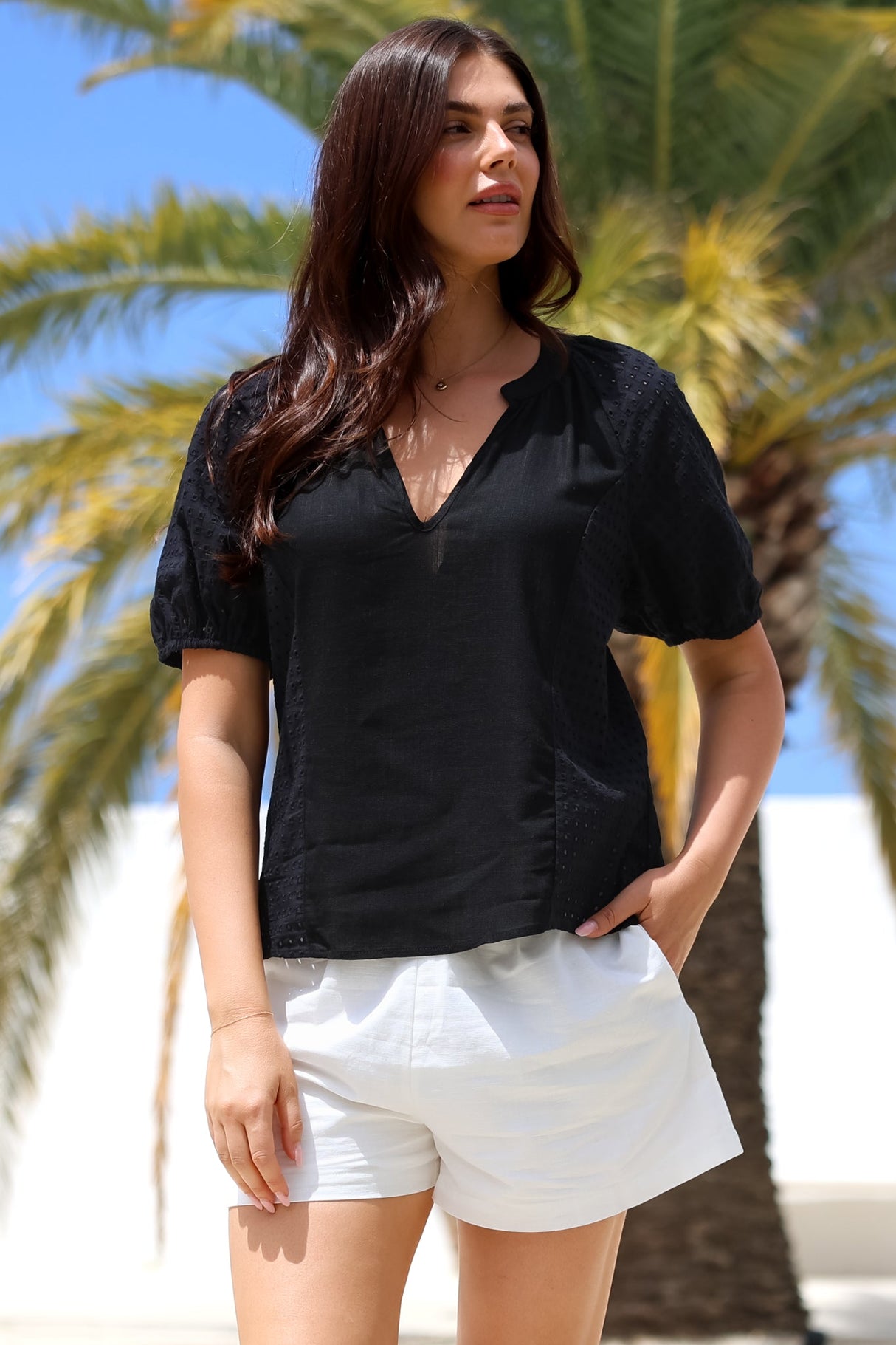 Geneva Top - Mandarin Neck Relaxed Top with Cut Out Detailing in Black