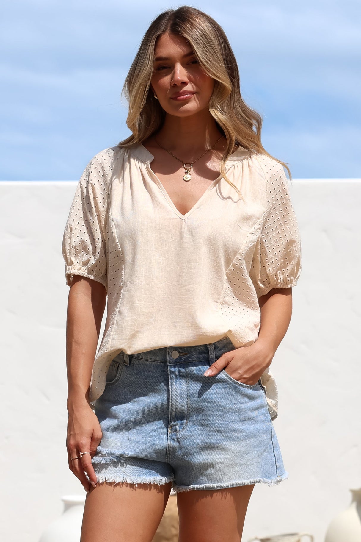 Geneva Top - Mandarin Neck Relaxed Top with Cut Out Detailing in Cream