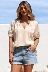 Geneva Top - Mandarin Neck Relaxed Top with Cut Out Detailing in Cream
