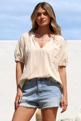 Geneva Top - Mandarin Neck Relaxed Top with Cut Out Detailing in Cream