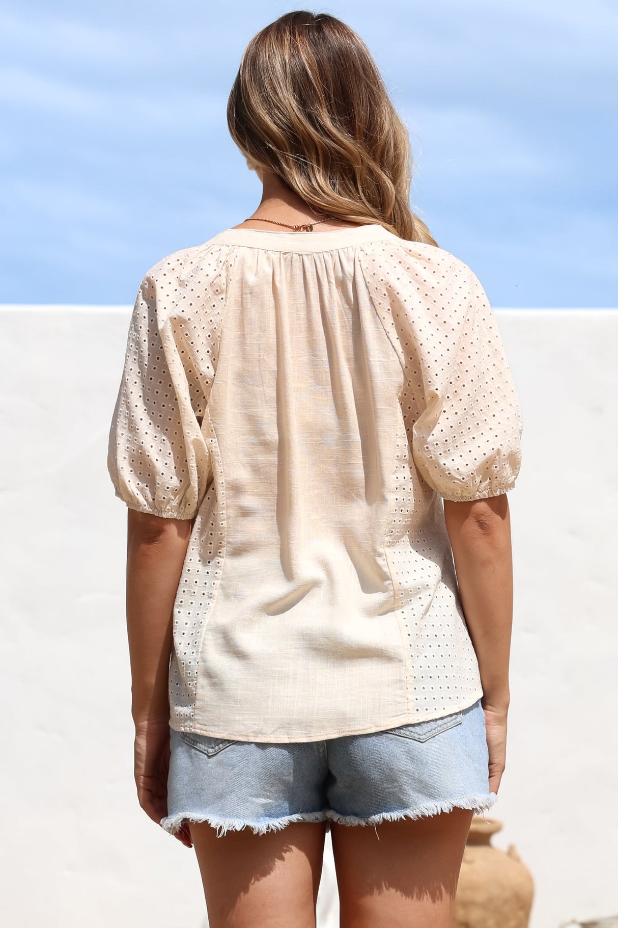 Geneva Top - Mandarin Neck Relaxed Top with Cut Out Detailing in Cream