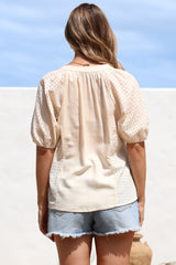 Geneva Top - Mandarin Neck Relaxed Top with Cut Out Detailing in Cream