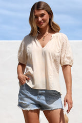 Geneva Top - Mandarin Neck Relaxed Top with Cut Out Detailing in Cream