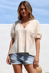 Geneva Top - Mandarin Neck Relaxed Top with Cut Out Detailing in Cream