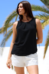 Genevieve Top - Crew Neck Sleeveless Linen Blend Top in Black