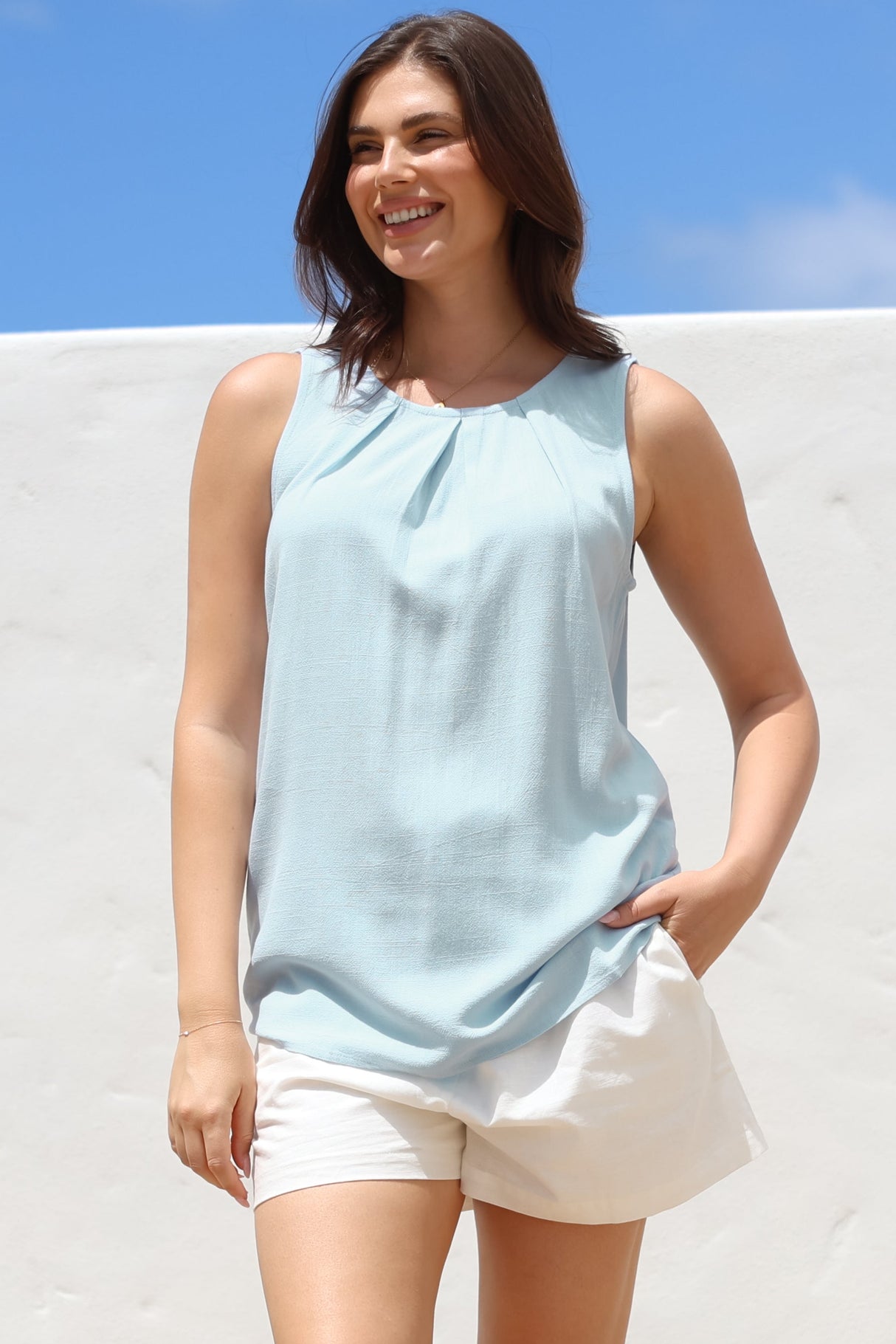Genevieve Top - Crew Neck Sleeveless Linen Blend Top in Blue
