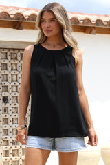 Genevieve Top - Crew Neck Sleeveless Linen Blend Top in Black