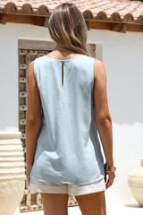 Genevieve Top - Crew Neck Sleeveless Linen Blend Top in Blue