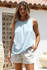 Genevieve Top - Crew Neck Sleeveless Linen Blend Top in Blue