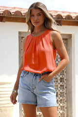 Genevieve Top - Crew Neck Sleeveless Linen Blend Top in Orange